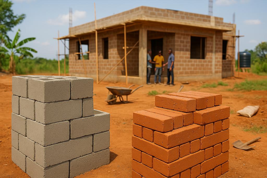 House under construction in Accra showing building materials and workers