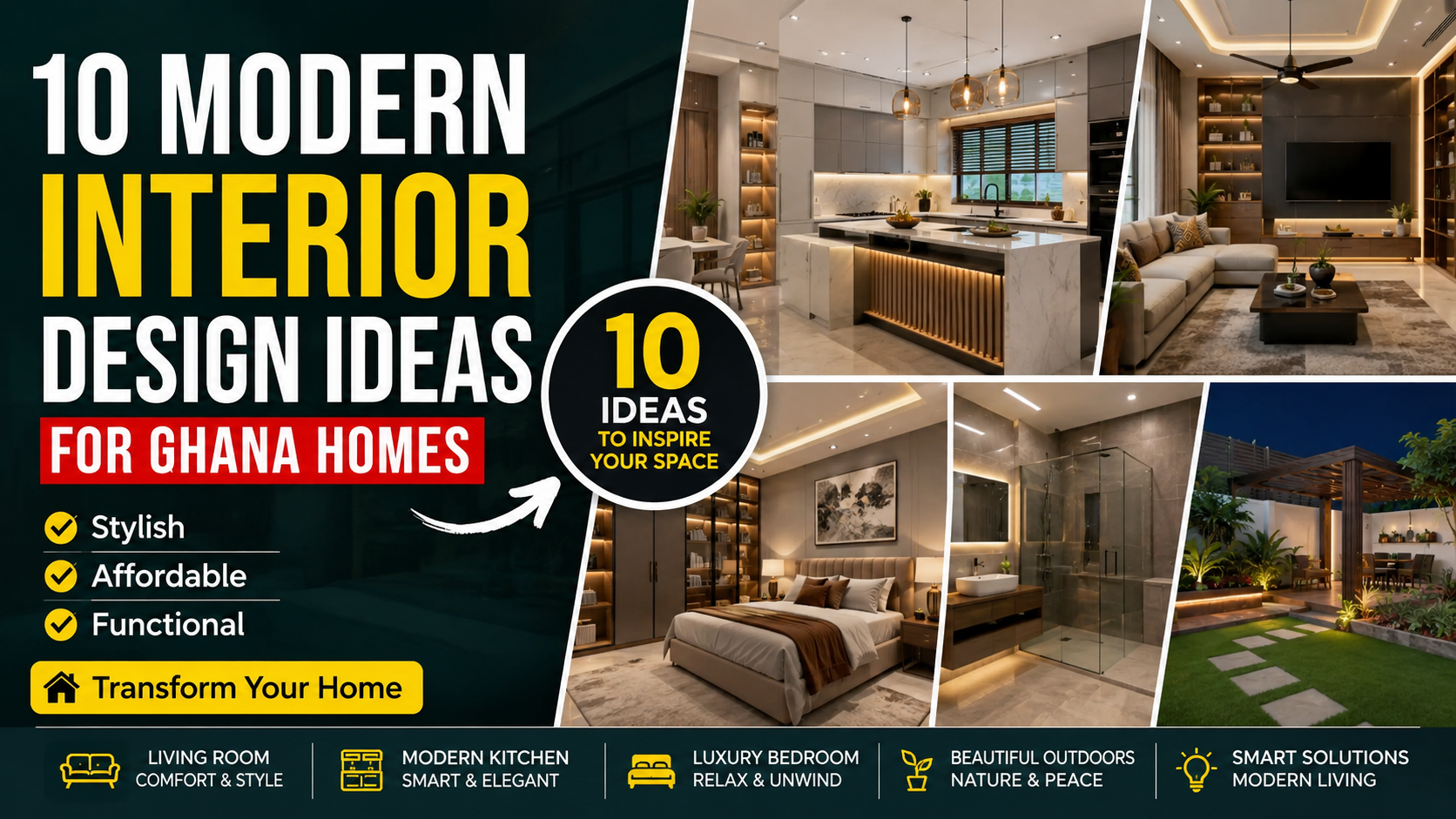 Modern Interior Design Ideas for Ghana Homes featuring luxury living rooms, kitchens, bedrooms, and outdoor spaces